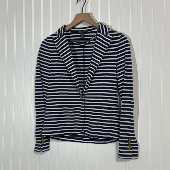 Lauren Ralph Lauren Blazer S Navy Stripe Knit Jacket Gold Button Nautical Preppy - Picture 1 of 8